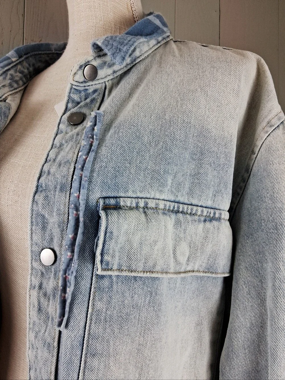 Upcycled Denim Jacket Chore Coat OOAK Large Quilt Applique Cottage Farmhouse - Picture 7 of 15